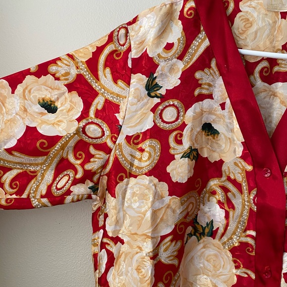 Red & White Roses Silky Robe Blouse VINTAGE - Picture 4 of 9